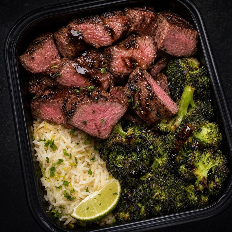 Filet Beef and Broccoli Bistro Bowl with jasmine lime rice and balsamic drizzle
